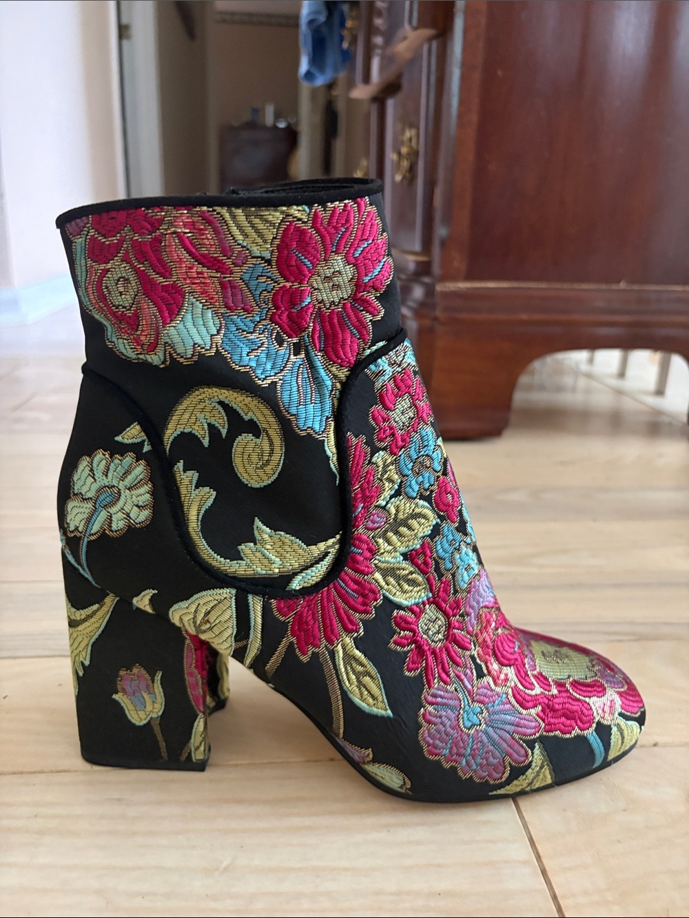 Marc Fisher Black Embroidered Floral Block Heel Ankle Booties